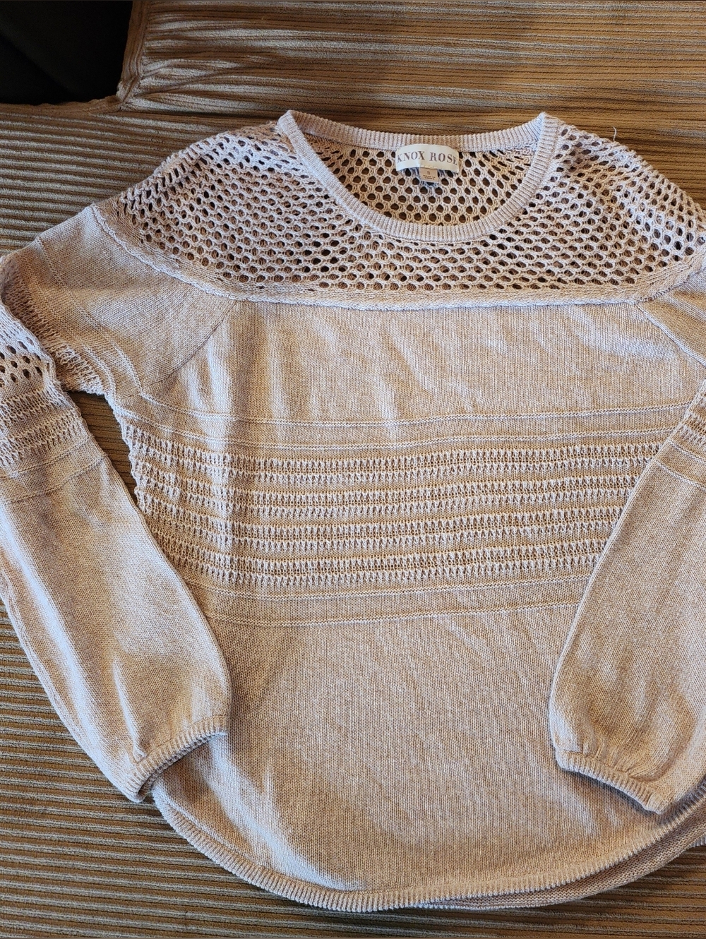 Knox Rose Open-Knit Crewneck Sweater in Light Beige